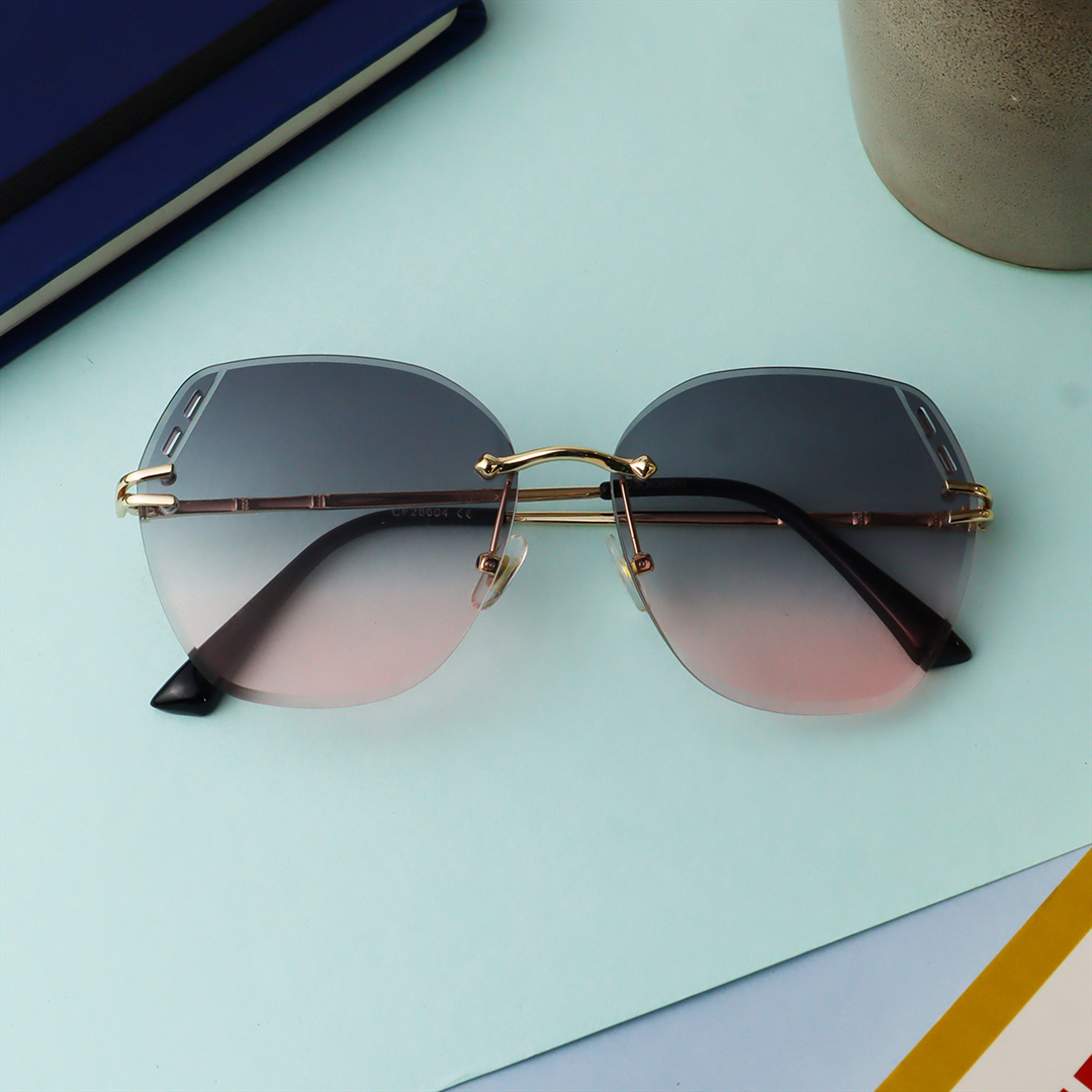 Cleardekho Gold Floral Rimless Hexa Premium Sunglass